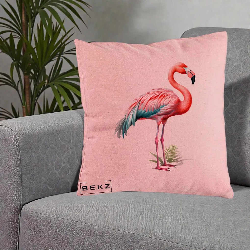Perna Decorativa Flamingo Roz cu Pene Teal, 40x40 cm, Roz, Husa Detasabila, Perna Inclusa, BEKZ®