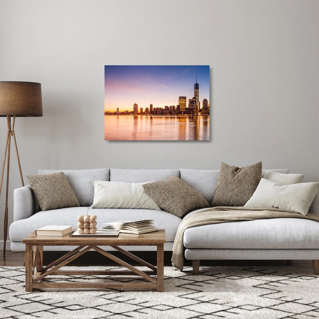 Tablou pe sticlă cu oraș în apus de soare (70x50 cm)