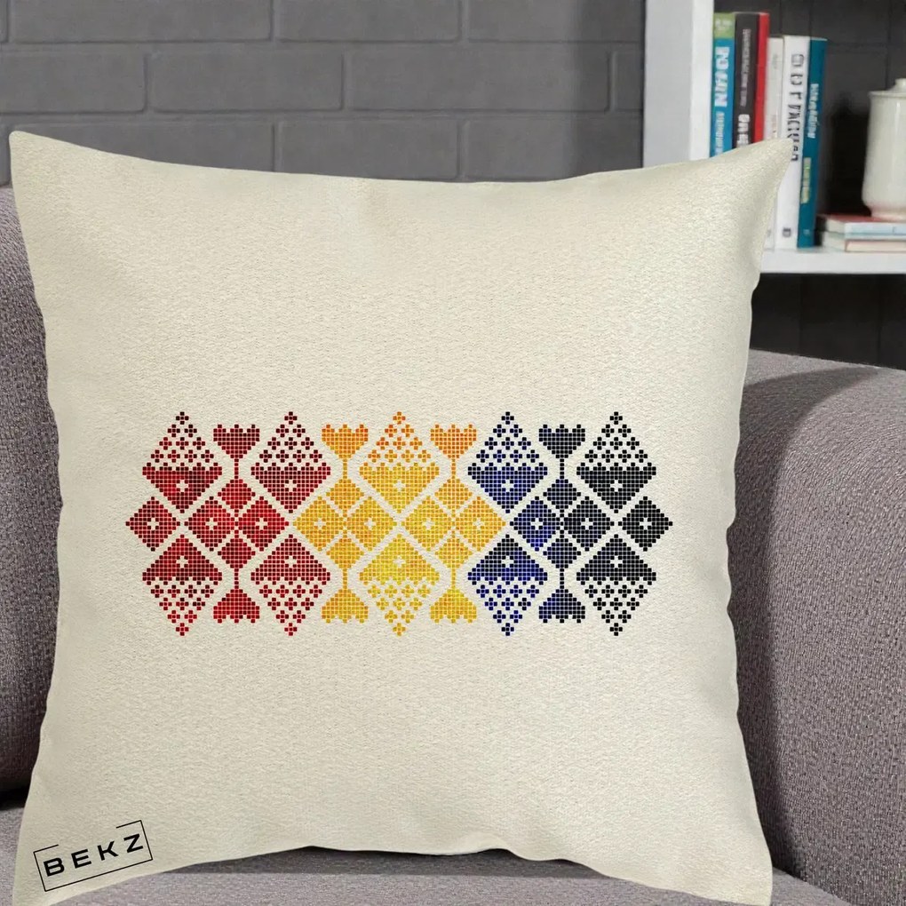 Perna Personalizata Motiv Tricolor Romanesc Broderie, 40x40 cm, Ecru, Husa Detasabila, Perna Inclusa, BEKZ®