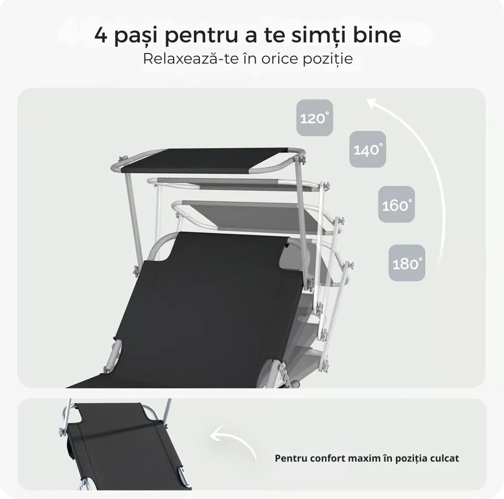 Șezlong de grădină HAWAII cu copertină reglabilă, 195x60x30cm, negru Casaria