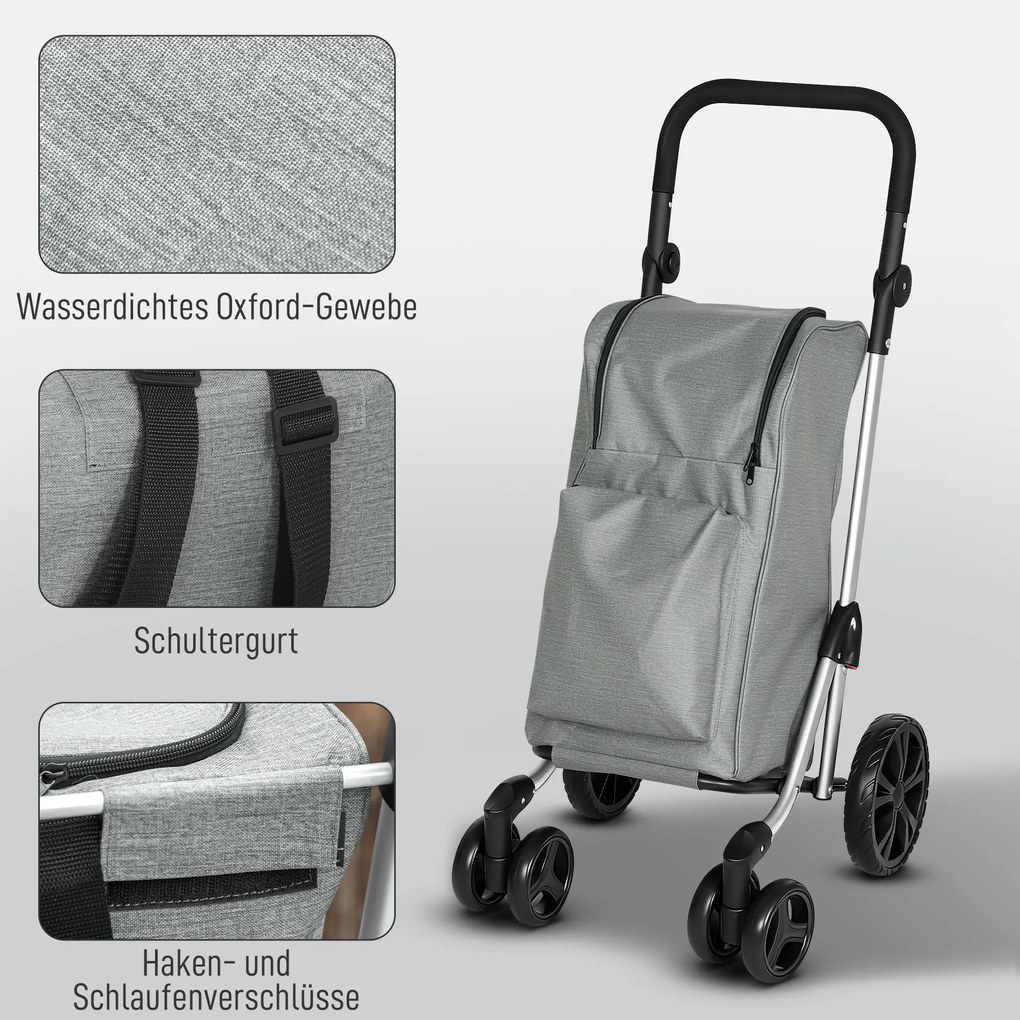 HOMCOM Troler de cumpărături, geantă 46 L, cărucior pliabil cu buzunar frigorific, mâner reglabil, cadru din aluminiu, Gri | Aosom Romania