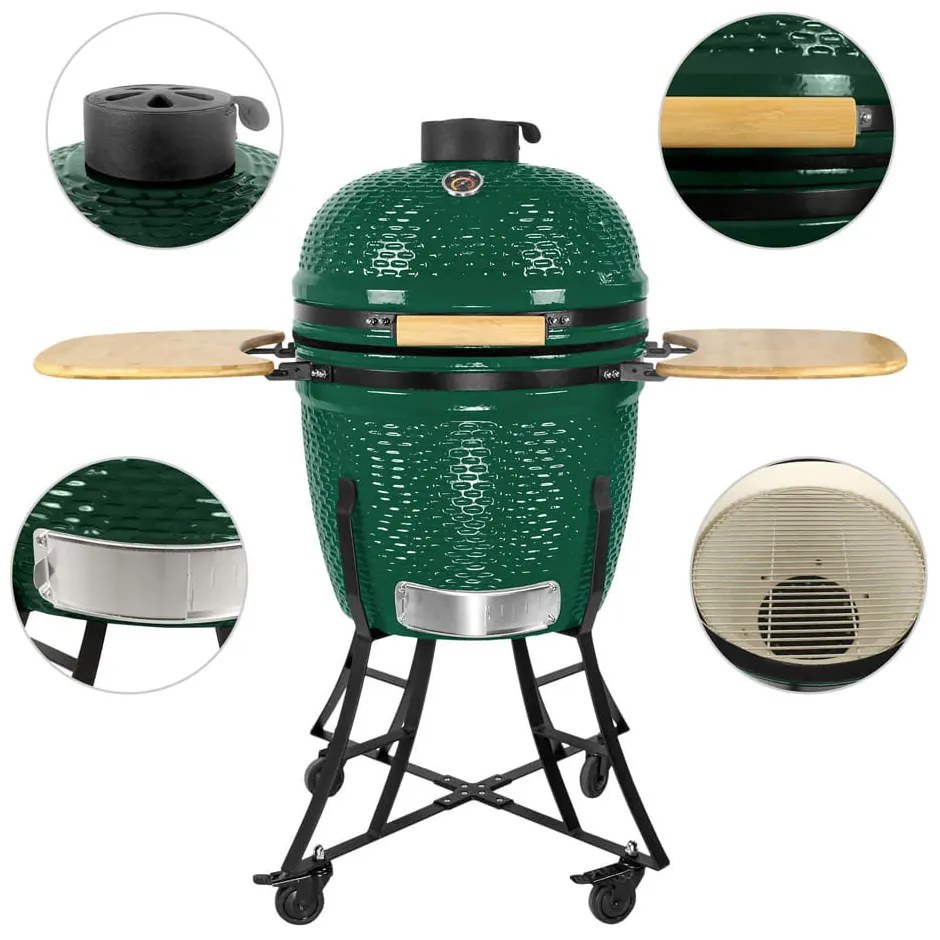 Grătar ceramic pentru cărbuni cu rafturi laterale, grilă de 46 cm