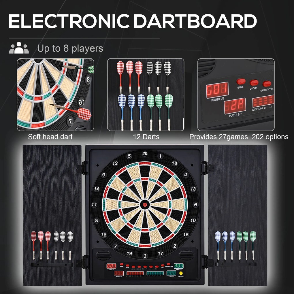 HOMCOM Tabla de Darts Electronică Profesională cu 6 Display-uri, 12 Săgeți, 27 Moduri de Joc, 51x6.5x57cm, Negru | Aosom Romania