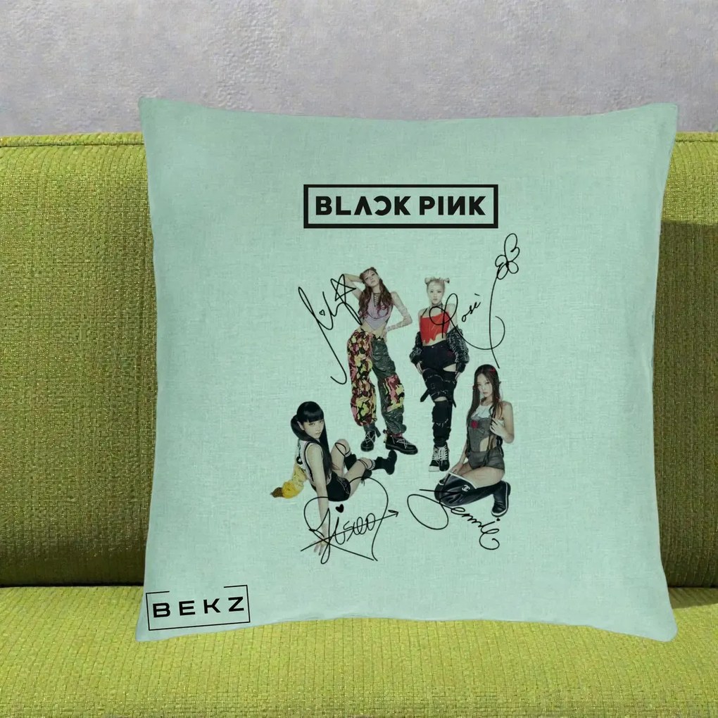 Perna Personalizata K-pop BLACKPINK Fotografie Grup Autografe Toate Membre, 40x40 cm, Verde Menta, Husa Detasabila, Perna Inclusa, BEKZ®