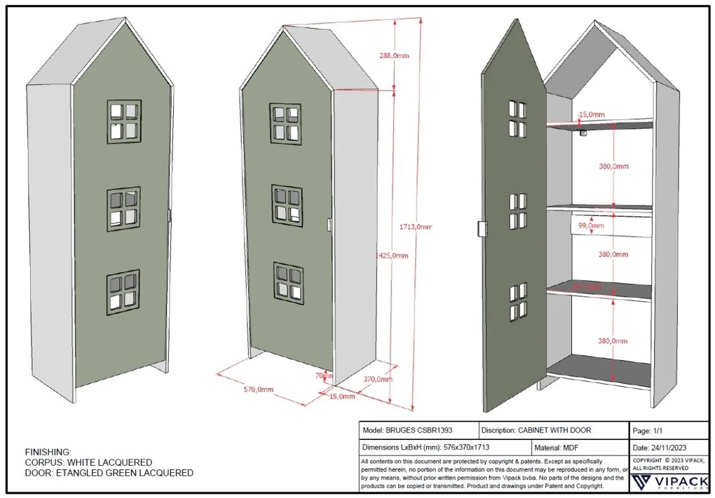 Dulap pentru Copii Căsuță, Verde, (MDF) – CASAMI – Vipack