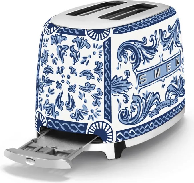 Prajitor de paine SMEG Dolce & Gabbana Blu Mediterraneo TSF01DGBEU, 950 W, 2 felii, 6 trepte, Tava pentru firimituri, Cablu integrat, Otel inoxidabil, Albastru