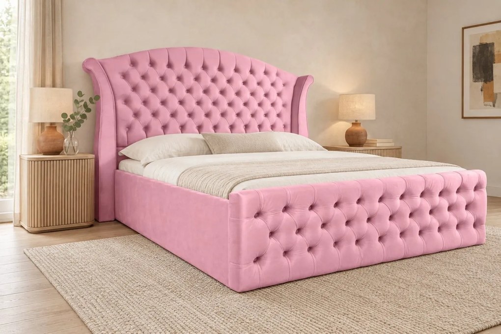 Pat tapițat Chesterfield din catifea Sorella Simple 160×200 cm, roz, cu ladă de depozitare