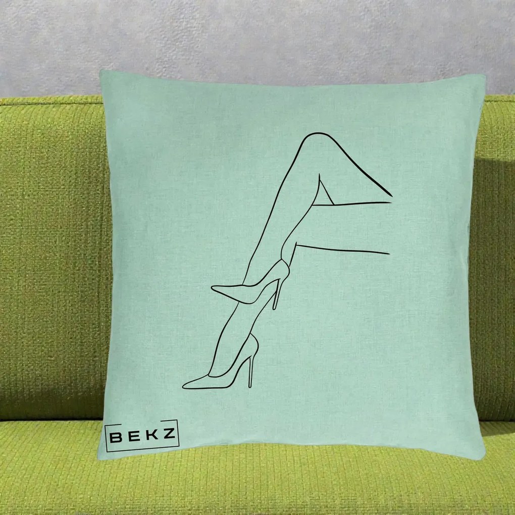 Perna Decorativa Picioare cu Tocuri Line Art, 40x40 cm, Verde Menta, Husa Detasabila, Perna Inclusa, BEKZ®