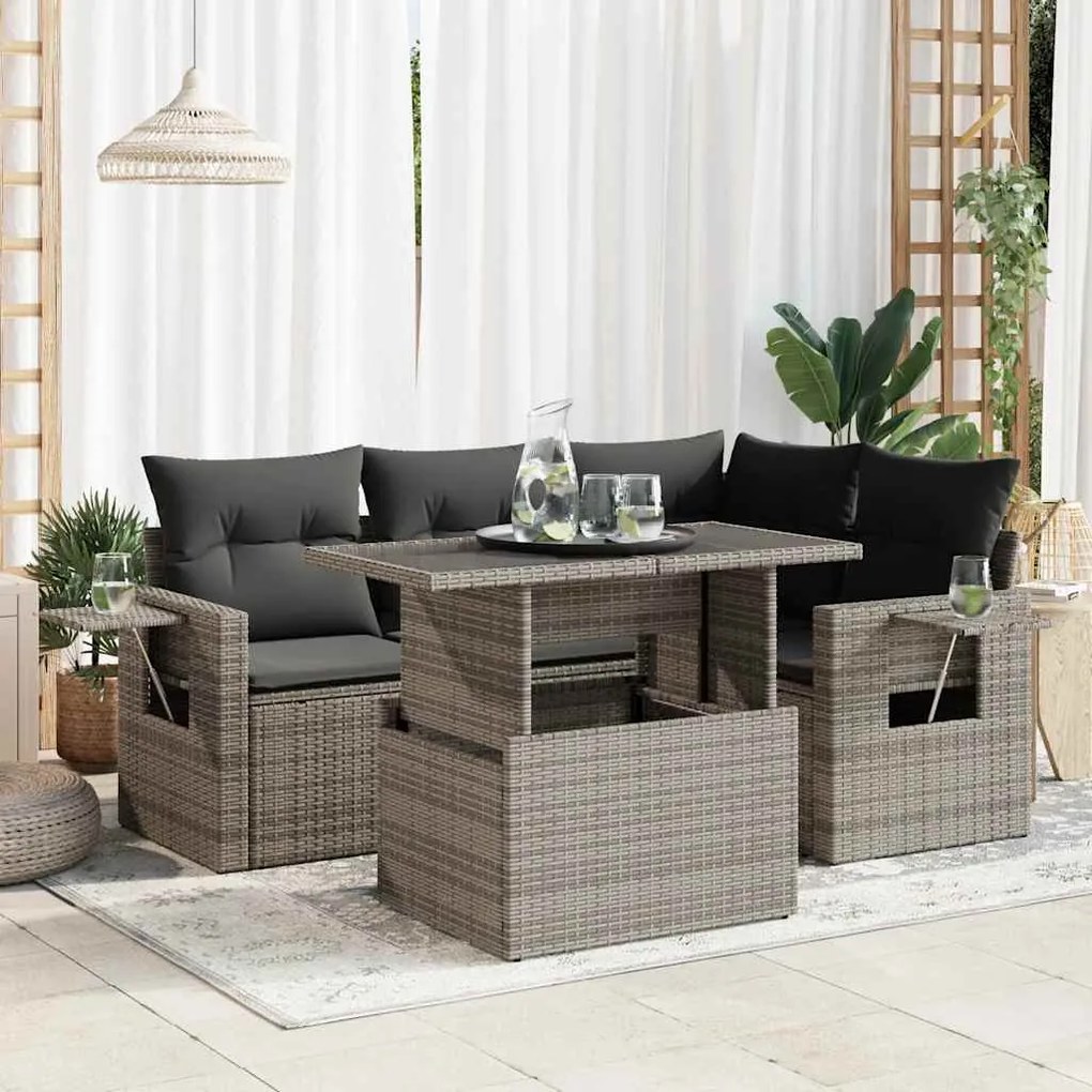 vidaXL Set canapea de grădină cu perne, 5 piese, gri, poliratan