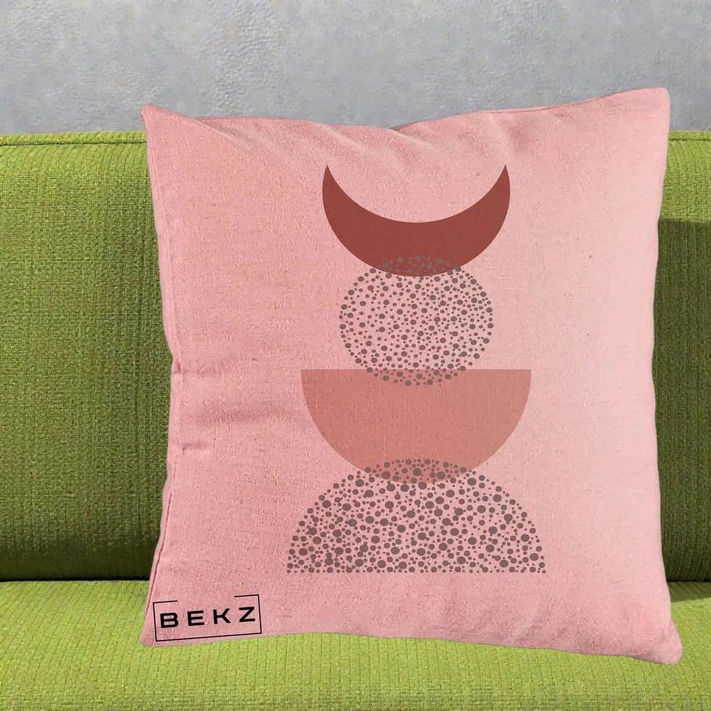 Perna Decorativa Boho Luna Plina si Forme Punctate, 40x40 cm, Roz, Husa Detasabila, Perna Inclusa, BEKZ®