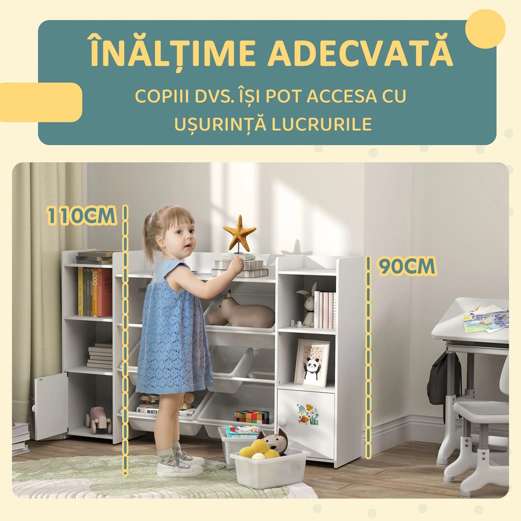 AIYAPLAY Dulap pentru jucării pentru copii cu 8 recipiente detașabile și dulapuri, 140x30x90 cm, alb | Aosom Romania