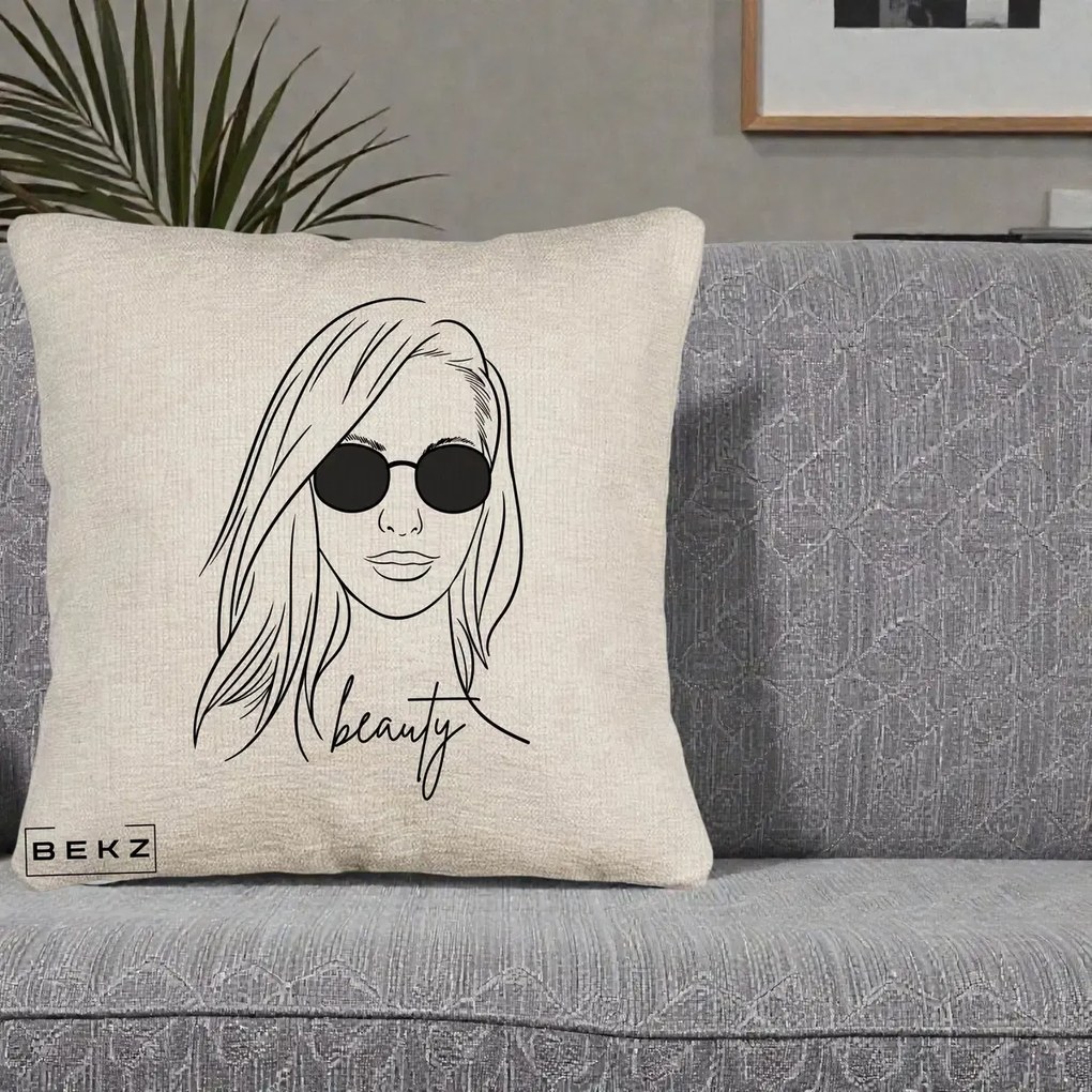 Perna Decorativa Beauty Girl Line Art, 40x40 cm, Bej Canapea, Husa Detasabila, Perna Inclusa, BEKZ®