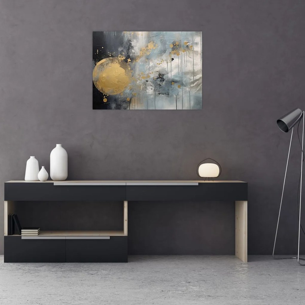 Tablou pe sticlă - Abstracție cu minge de aur (70x50 cm)