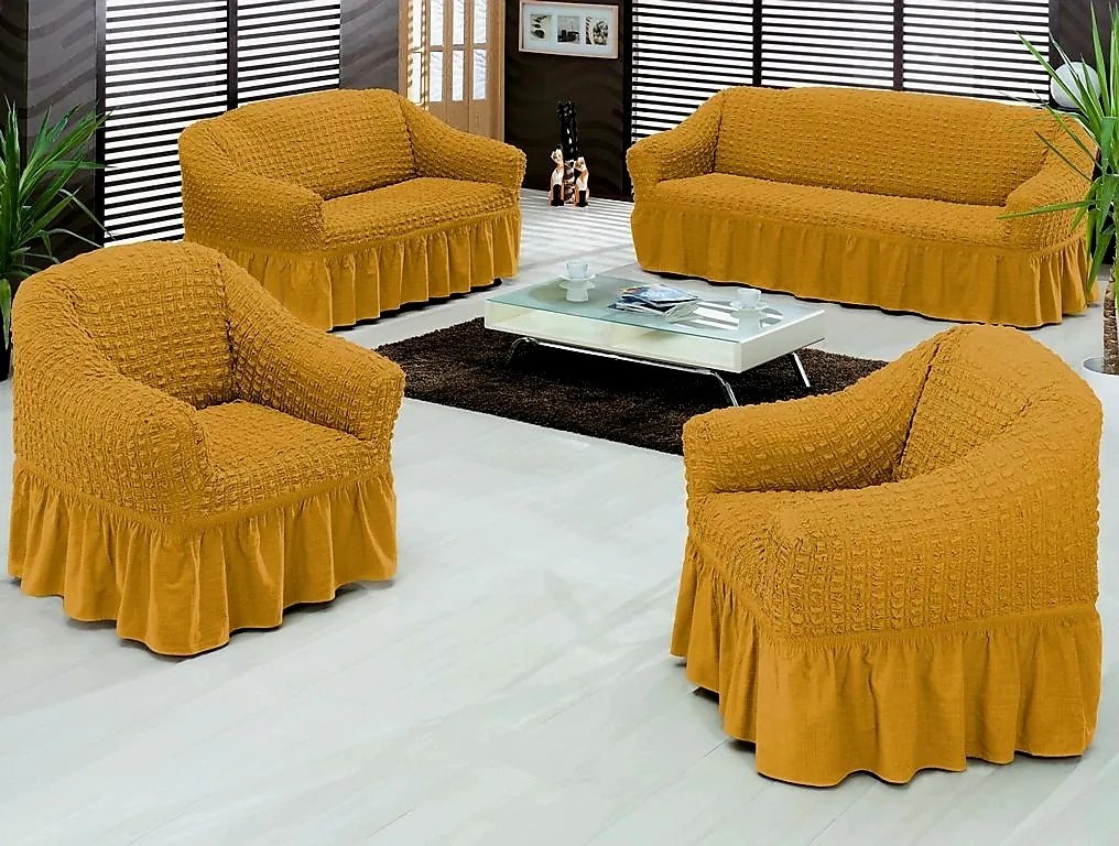 Set huse elastice si creponate pentru canapea 3 locuri, canapea 2 locuri si 1 fotoliu, cu volanas, Mustar