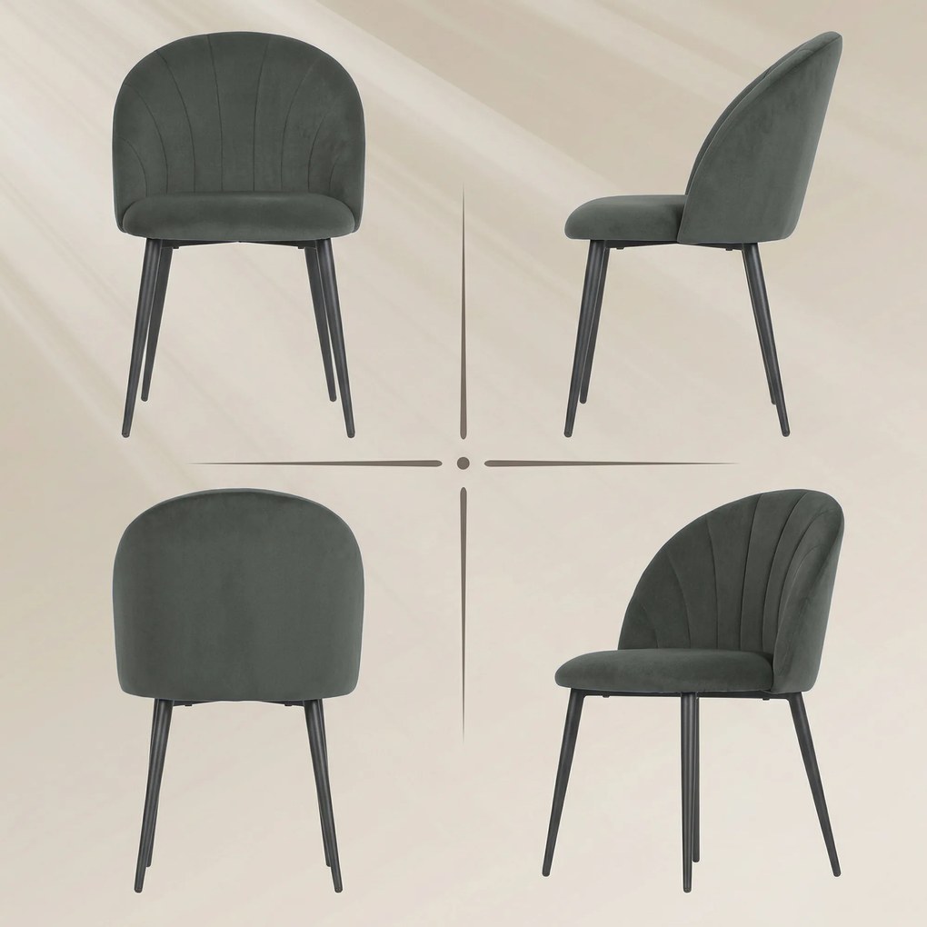 HOMCOM Set de 2 Scaune de Sufragerie din Catifea, Scaune de Bucătărie cu Spătar Curbat în Formă de Scoică, Picioare din Oțel, Stil Nordic, Scaune Tapițate pentru Bucătărie, Dormitor, Living, Gri | Aosom Romania