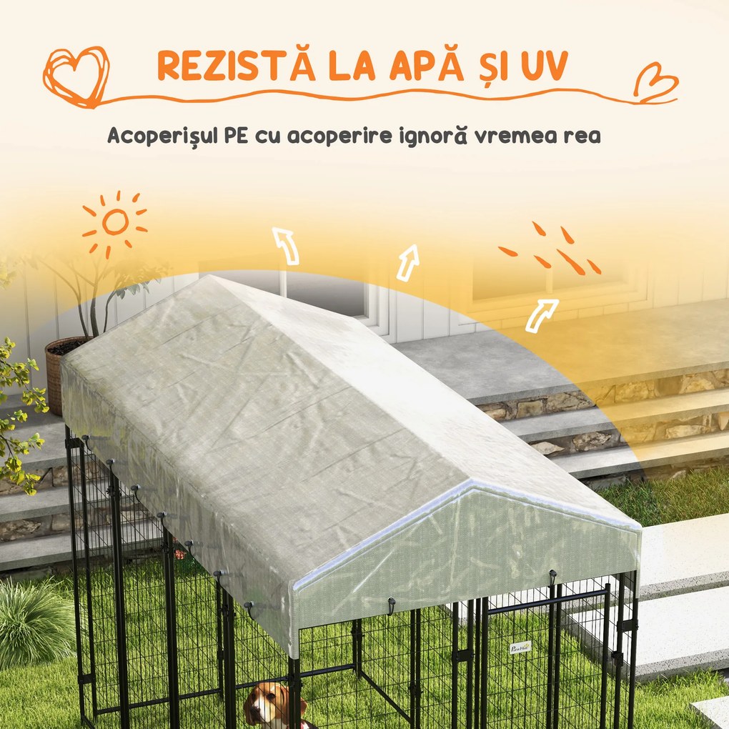 PawHut Cotet Exterior pentru Caini Mari, Tarc cu Copertina Impermeabila și Ușă, 239x121x183cm, Argintiu | Aosom Romania