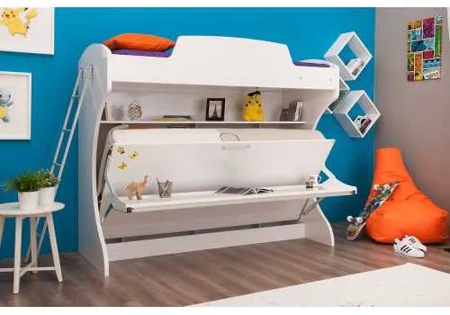 Pat rabatabil suprapus cu birou Diva Academy Bunk (85X190) si (90X190) - Alb Mat