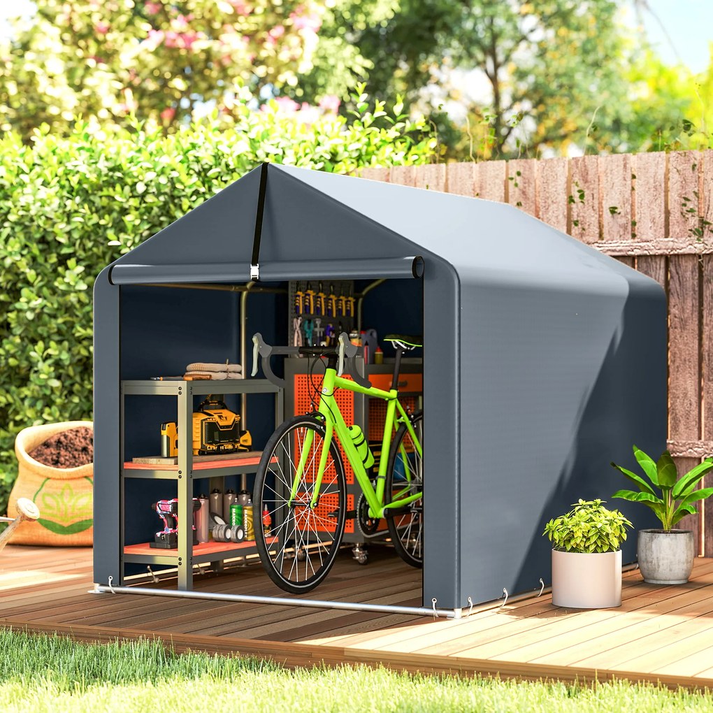 Outsunny Garaj Motociclete pentru Exterior 1,6x2,2m, Tenta Garaj cu Acoperire Impermeabilă, Ușă cu Fermoar, pentru Biciclete și Unelte din Oțel Zincat, Gri | Aosom Romania