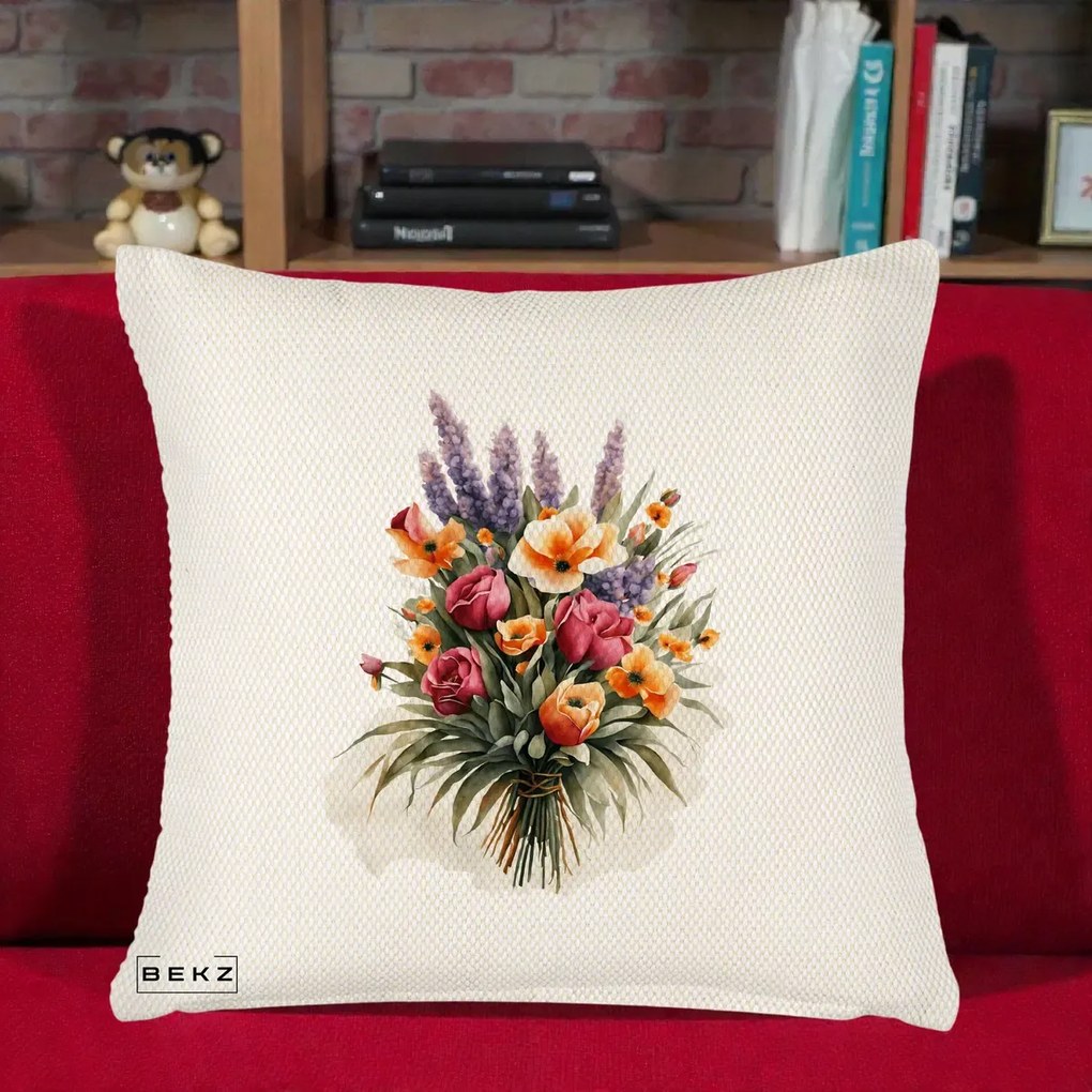 Perna Decorativa Buchet Mixt Acuarela Lavanda-Trandafiri, 40x40 cm, Crem Reliefat, Husa Detasabila, Perna Inclusa, BEKZ®