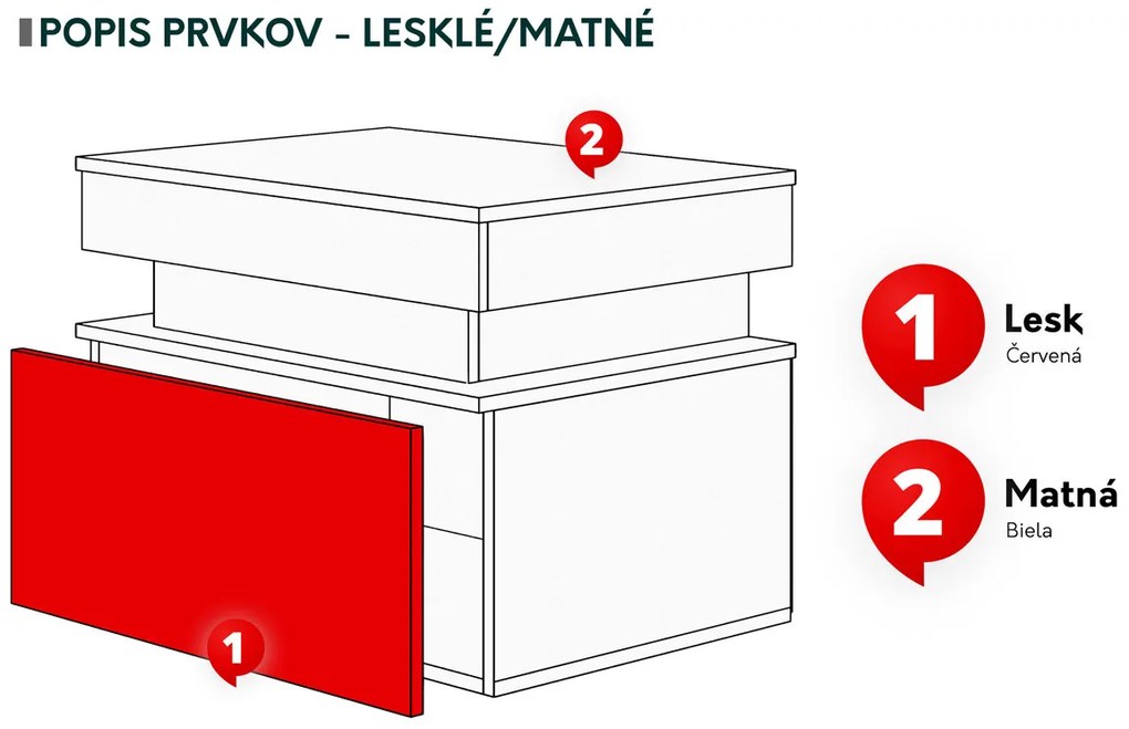 Noptieră Lesteralo 1S (Alb + lucios Alb) (cu iluminat LED albastru). 1104512