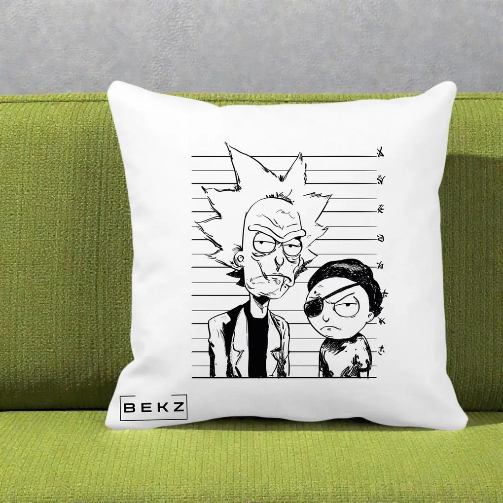 Perna Personalizata Rick si Morty Dosar, 40x40 cm, Alba Mata, Husa Detasabila, Perna Inclusa, BEKZ®
