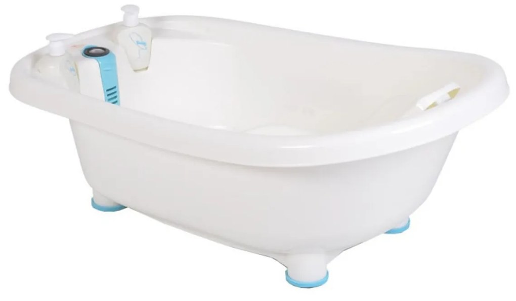 Cadita ergonomica pentru bebelusi si copii NOVOKIDS™ Baby Bubbles , Cu dispensor sapun si sampon incluse, Dimensiuni 95x48x88 cm, Alb cu Albastru
