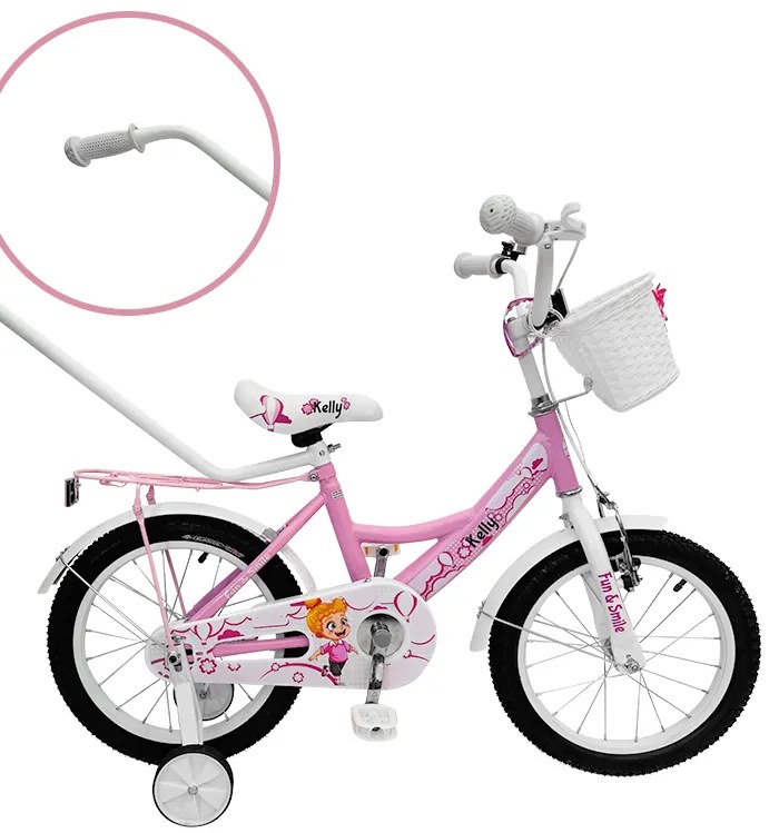 Bicicletă pentru copii cu roți auxiliare, bară de ghidare, coș și clopoțel 12 – pre deti od 2,5 do 4 rokov