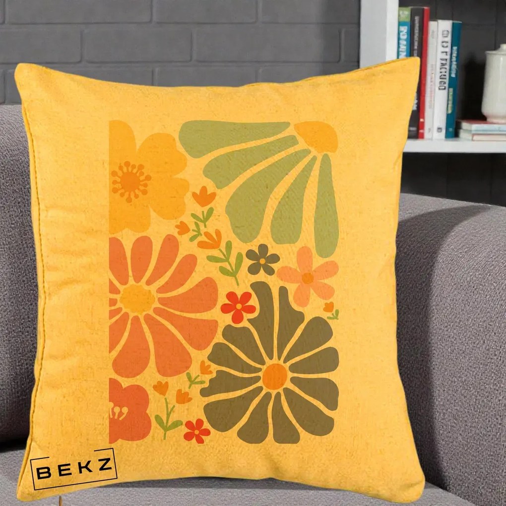Perna decorativa cu flori: Flori Grafice Pastel Multicolor, 40x40 cm cu Umplutura, Galben, BEKZ