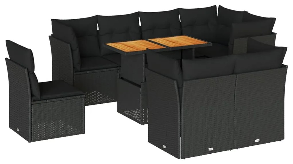 3326939 vidaXL Set mobilier de grădină cu perne, 9 piese, negru, poliratan