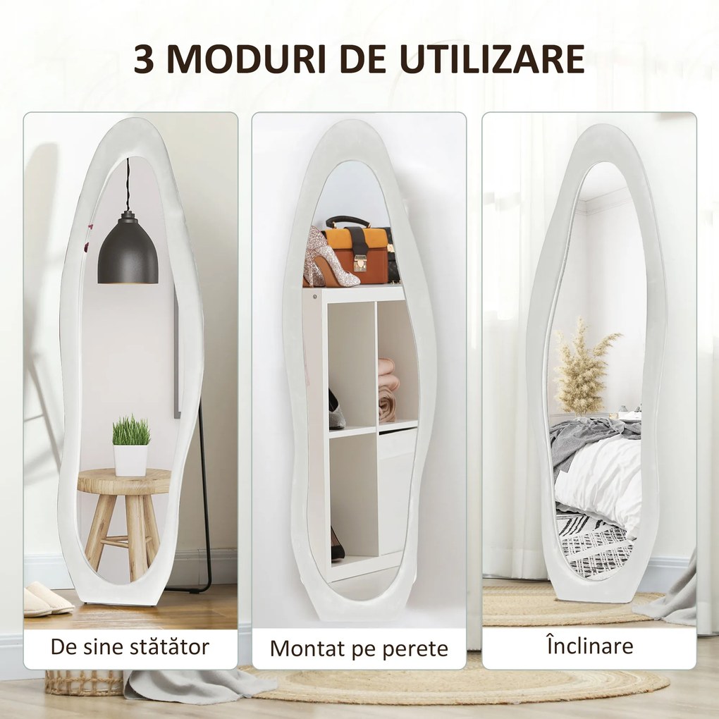 HOMCOM Oglindă cu Ramă Ondulată din Catifea, Oglindă Modernă de Podea sau Fixată pe Perete, 160x50 cm, Alb | Aosom Romania