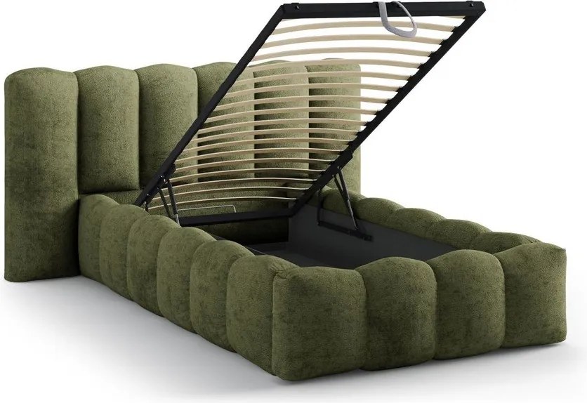 Pat verde tapițat cu spațiu de depozitare cu somieră 90x200 cm Lupine – Micadoni