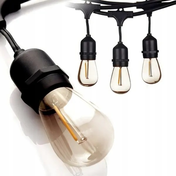 Ghirlandă LED decorativă pentru exterior, 30x socluri E27, 1 W per bec, 230 V, 16,44 m, IP44, negru