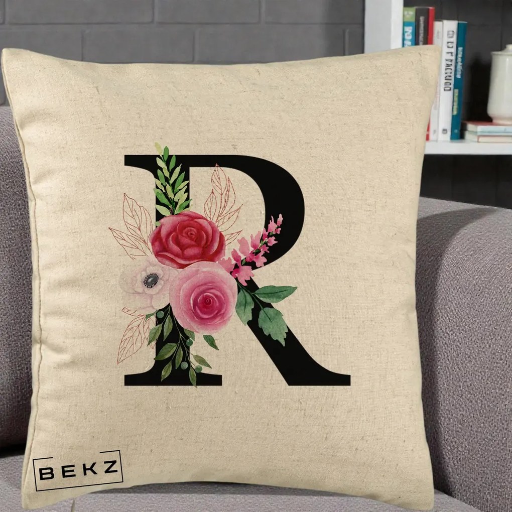 Cadou Personalizat - Perna Personalizata Monograma Florala Litera R, 40x40 cm, Bej, Husa Detasabila, Perna Inclusa, BEKZ®
