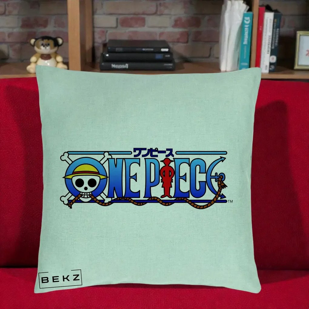 Perna Personalizata One Piece Clasic Albastru, 40x40 cm, Verde Menta, Husa Detasabila, Perna Inclusa, BEKZ®