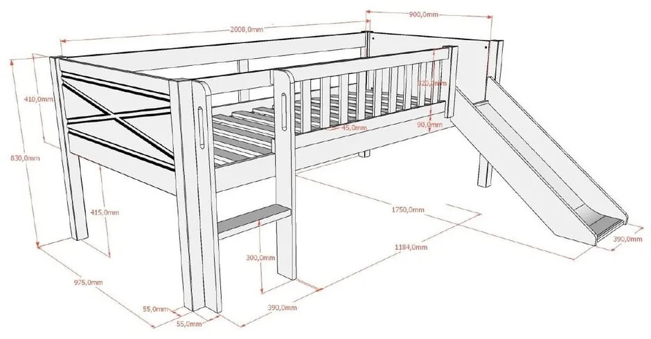 Pat pentru copii alb înalt din lemn de pin cu somieră 90x200 cm Scott – Vipack