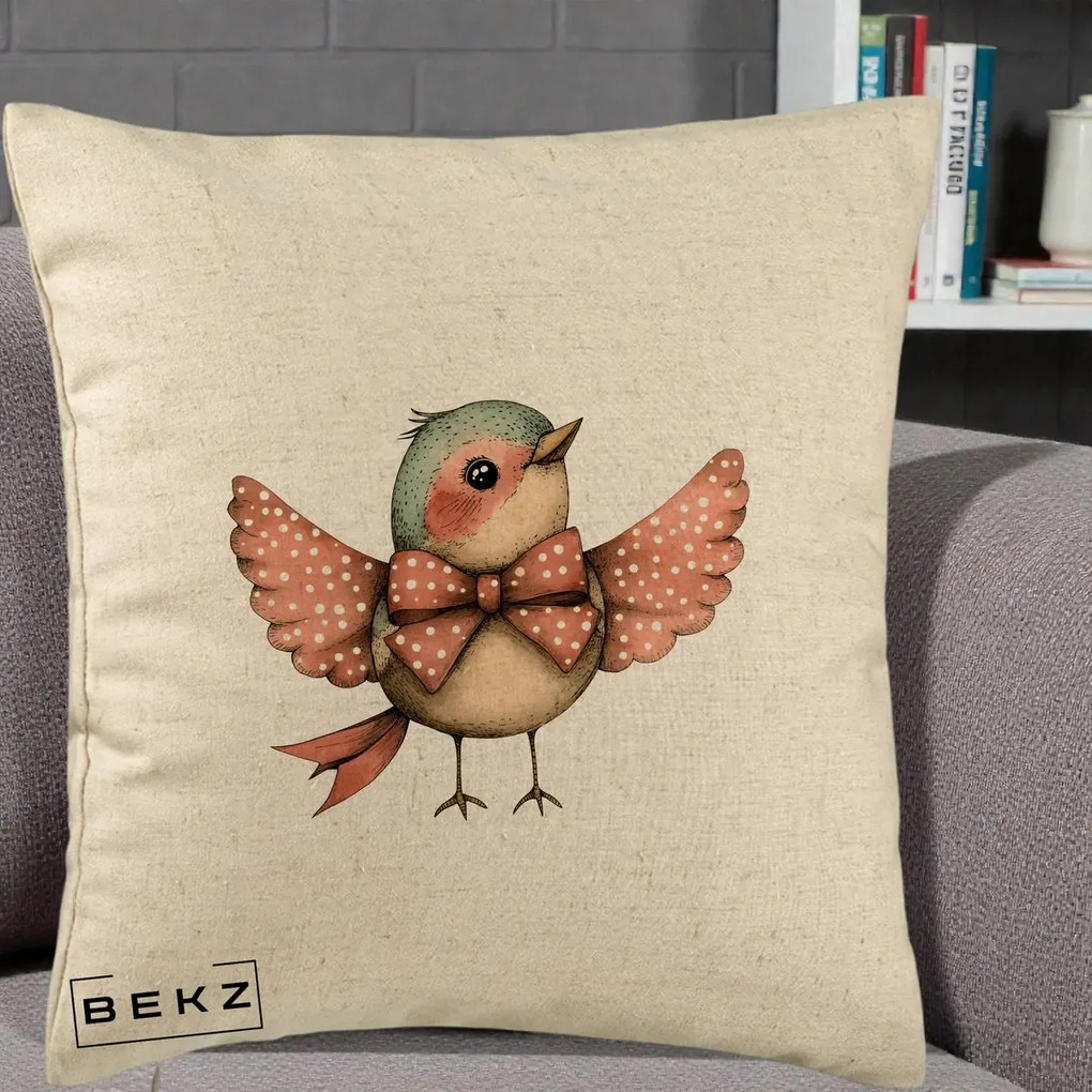 Perna Decorativa Pasare Roz cu Aripi si Fundita, 40x40 cm, Bej, Husa Detasabila, Perna Inclusa, BEKZ®