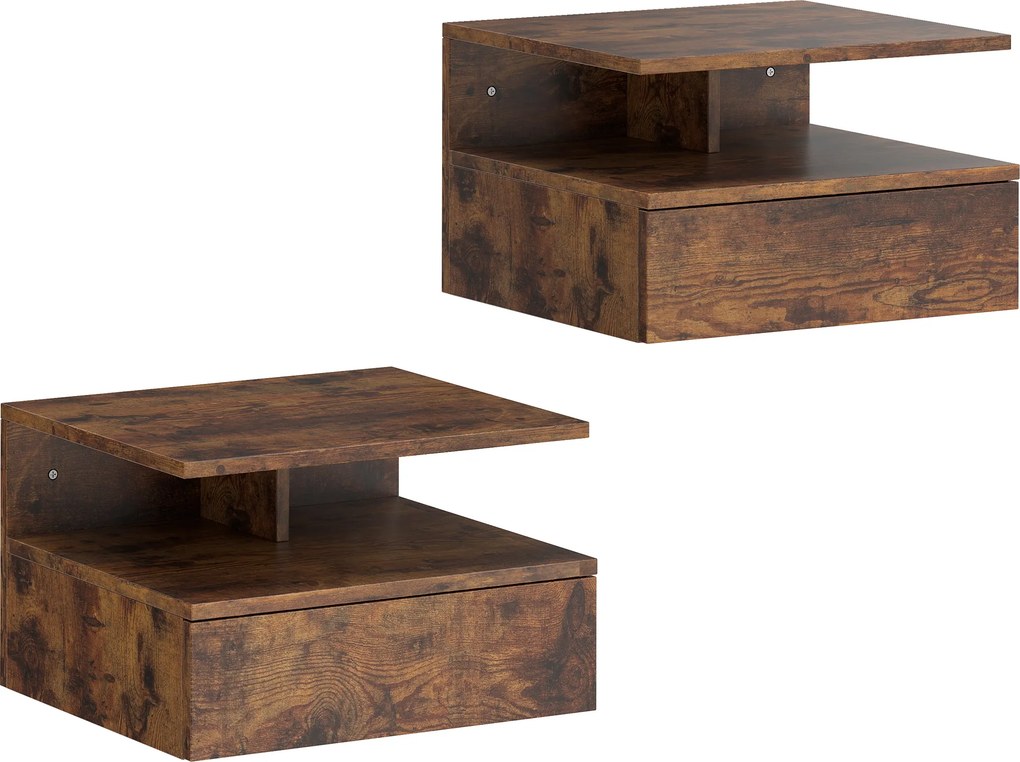 HOMCOM Set de 2 Noptiere Suspendate cu Sertar și Raft Deschis, 35x32x22.5 cm, Maro Rustic | Aosom Romania