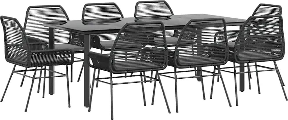 vidaXL Set de sufragerie de grădină 9 piese neagră sticlă polirattan