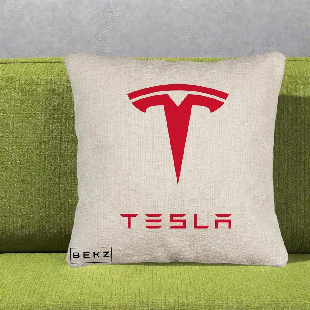 Perna Personalizata cu emblema Tesla, 40x40 cm, Bej Canapea, Husa Detasabila, Perna Inclusa, BEKZ®
