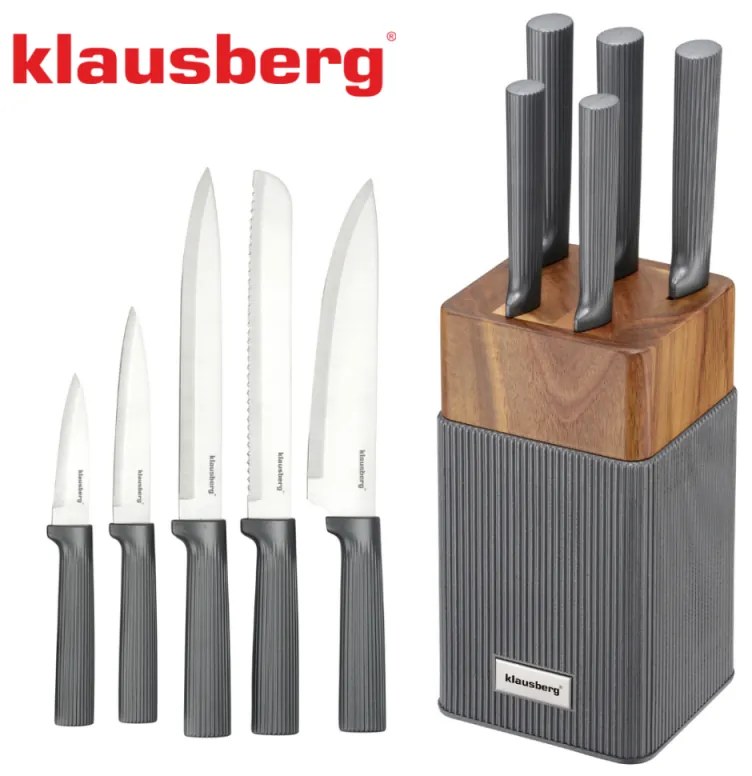Set cuțite Klausberg KB 7982, 6 piese, Oțel inoxidabil, Mâner lemn de salcâm, Grafit/maro