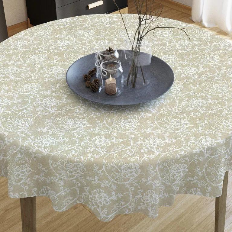 Goldea față de masă decorativă loneta - flori albe cățărătoare - rotundă Ø 60 cm