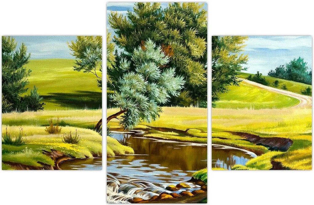 Tablou - Râu între câmpii, pictură în ulei (90x60 cm)