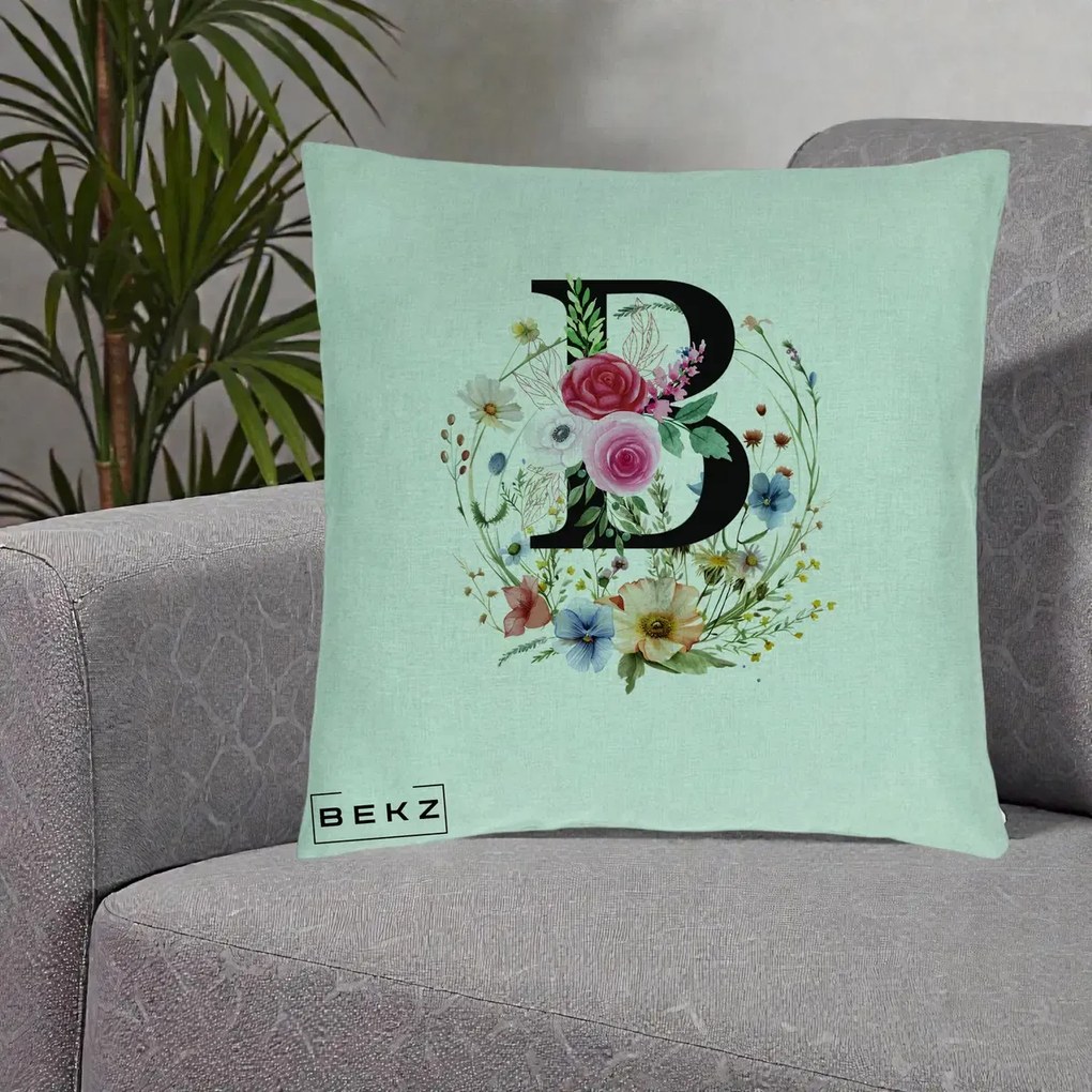 Cadou Personalizat - Perna Personalizata Monogram Litera B cu Flori Acuarela, 40x40 cm, Verde Menta, Husa Detasabila, Perna Inclusa, BEKZ®