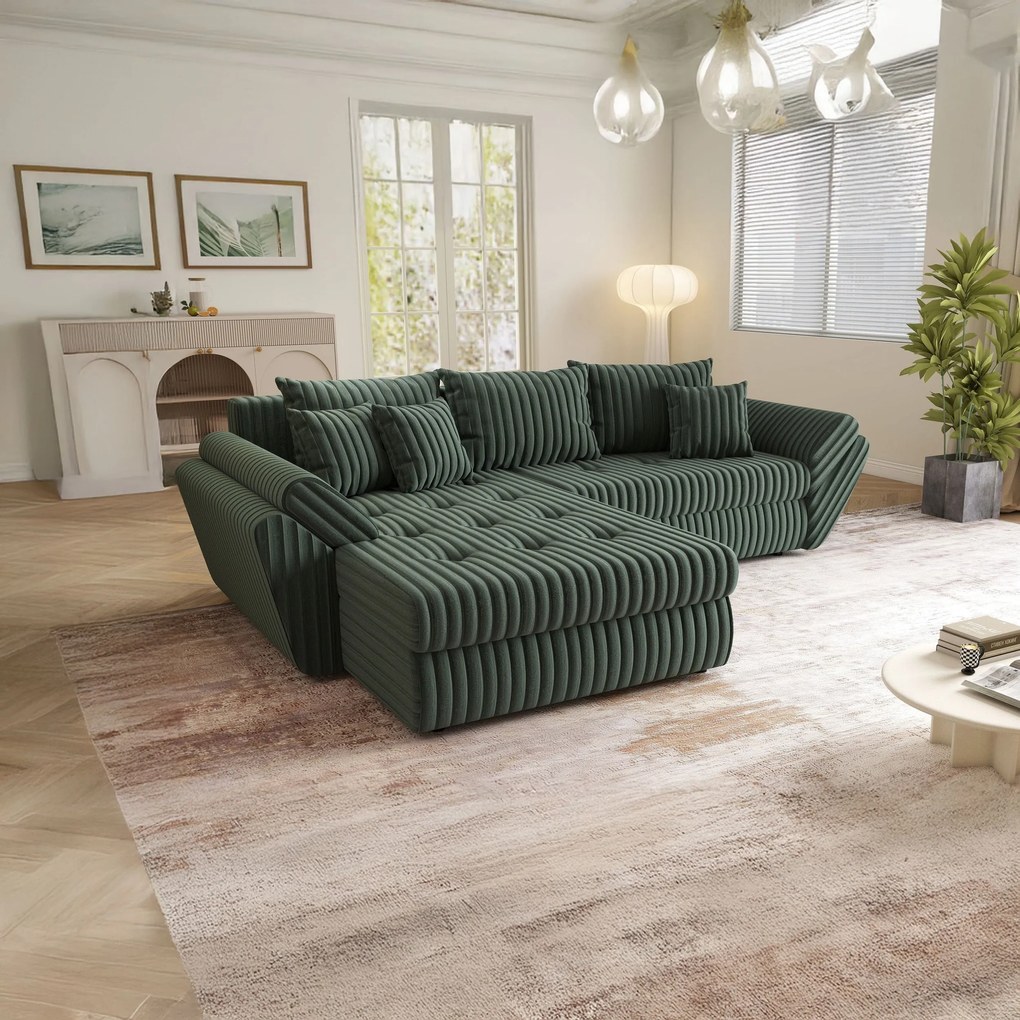 Colțar extensibil dumonde cu ladă de depozitare si sezut confortabil din spuma high-density, Loana Ambience Green 270x185 cm