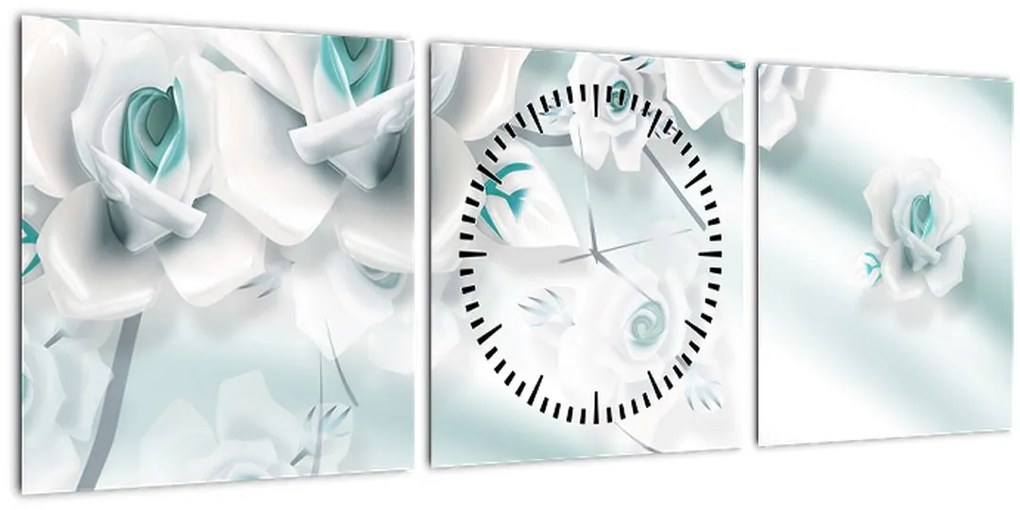 Tablou - Flori de trandafir turcoaz (cu ceas) (90x30 cm)