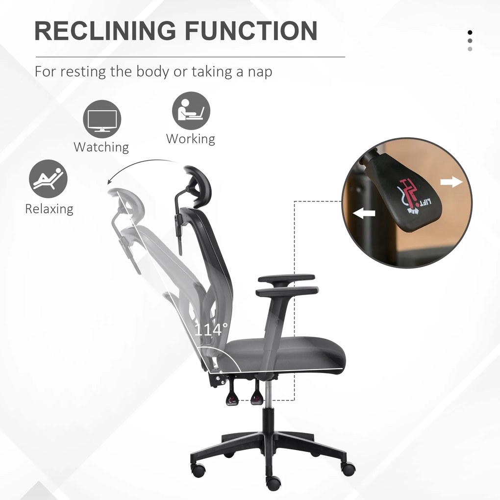 Scaun de birou ergonomic Vinsetto, Inaltime reglabila, Tetiera, 66x61x100-109.5cm, Negru