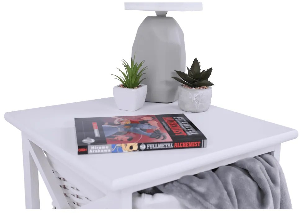 Noptiera, lemn/rachita/material textil, alb, RAFAELLO