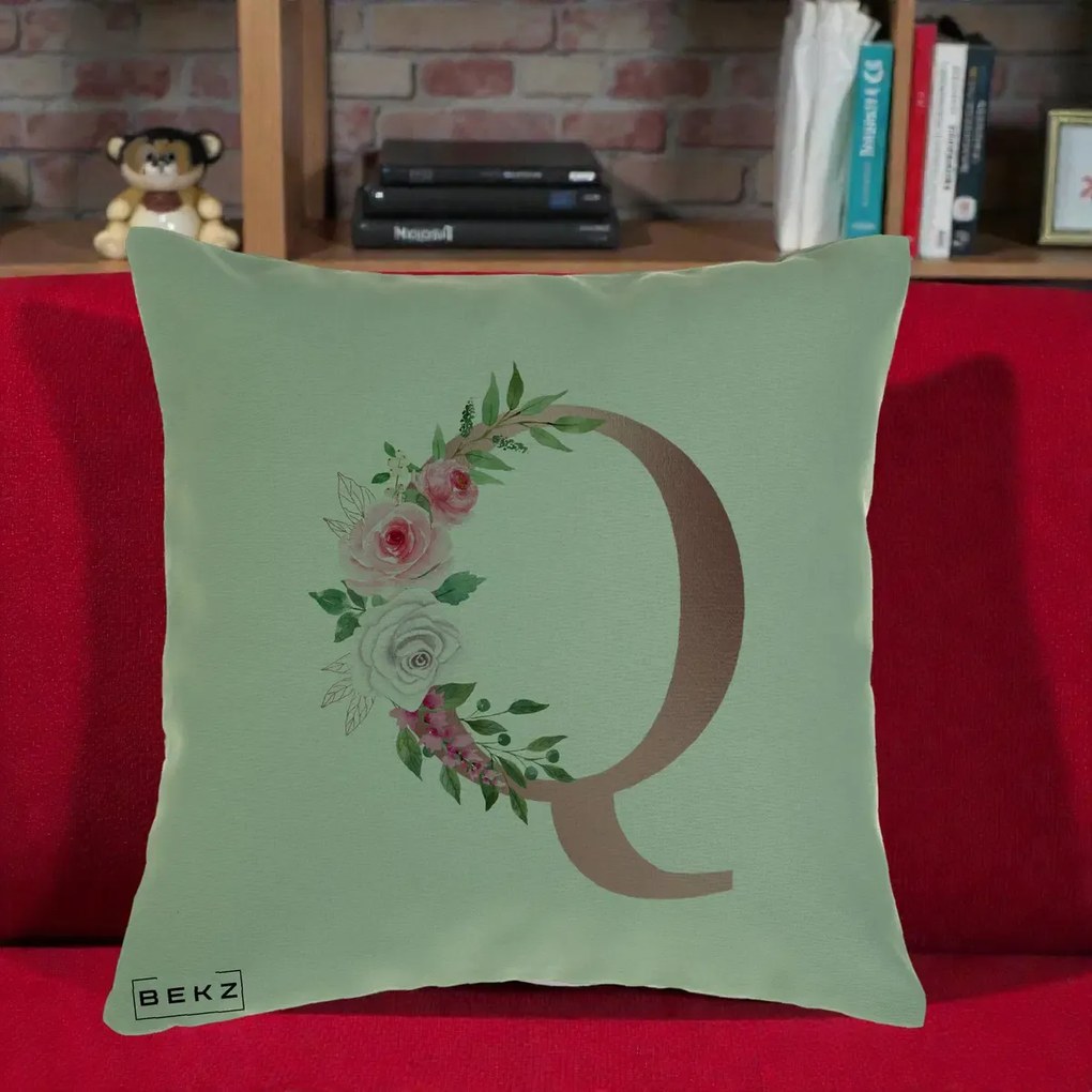 Cadou Personalizat - Perna Personalizata Monograma Rose Gold Litera Q, 40x40 cm, Verde, Husa Detasabila, Perna Inclusa, BEKZ®
