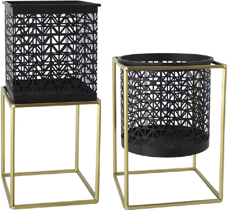 Set 2 suporturi pentru ghivece, pătrat/rotund, negru/auriu, ESME SET