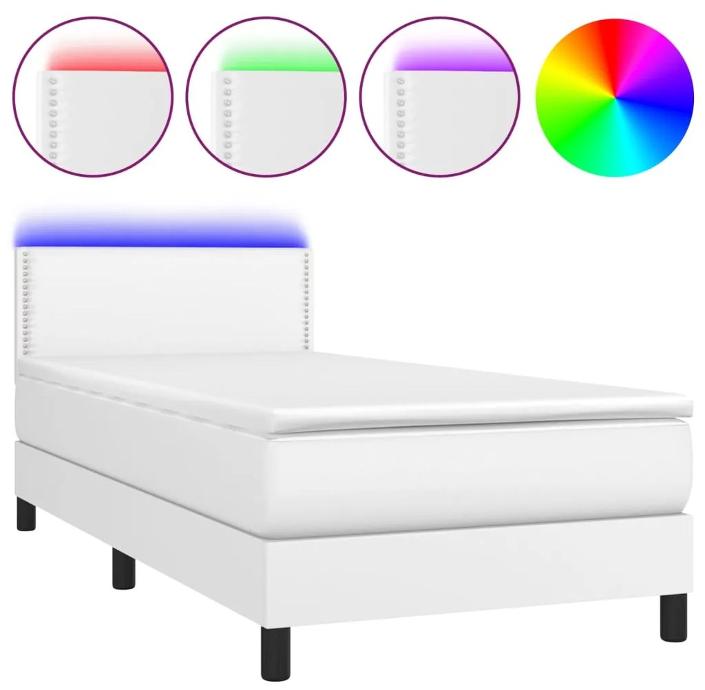 3134130 vidaXL Pat continental cu saltea & LED, alb, 80x200 cm, piele eco